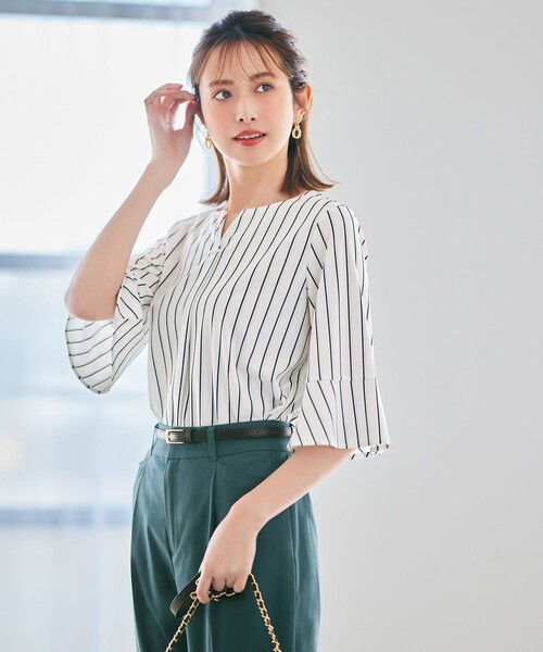 ANY SIS（エニィスィス）の「【接触冷感・吸水速乾・UVケア】エアリードレープスムース 七分袖 ブラウス（シャツ/ブラウス・レディース・ライトグリーン系/ネイビー系9/ホワイト系/ホワイト系1/ライトグレー系9/ブルー系・2）」の9枚目の写真