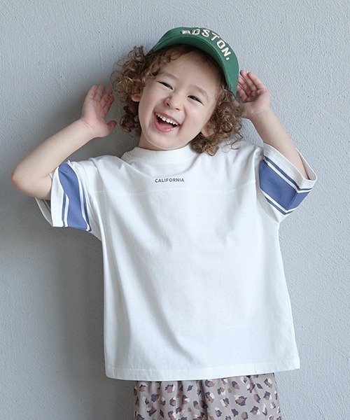 b・ROOM（ビールーム）の「【接触冷感】【どちらが前でもOK!】袖ラインプリント半袖Tシャツ（Tシャツ/カットソー・キッズ・オフホワイト/グレイッシュブルー/ライム/シルバーグレー/オレンジ・100cm/110cm/120cm/130cm/140cm/150cm）」の2枚目の写真