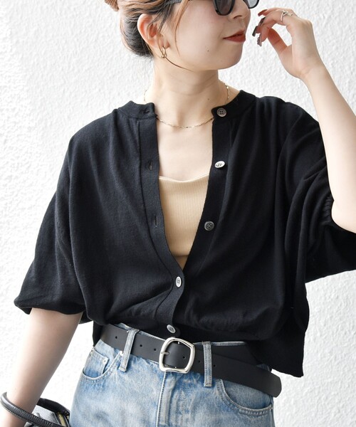 SHIPS anyリネンミックス ワイド パフ クルーネック シアーカーディガン SHIPS any:〈手洗い可能〉リネン ミックス ワイド パフ クルー