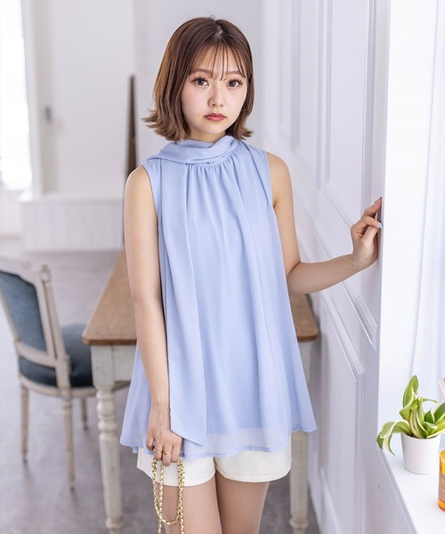 clear（クリア）の「スカーフ付きウエストリボンシフォンチュニック［ノースリーブ 大人 フェミニン］≪再入荷≫（チュニック・レディース・アイボリー/サックスブルー/ブラック・F）」の20枚目の写真