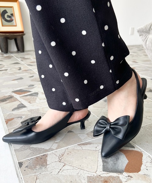 ドットリボン♡パンプス 800円 リボンで大人ガーリー】ポインテッドトゥリボンパンプス（パンプス