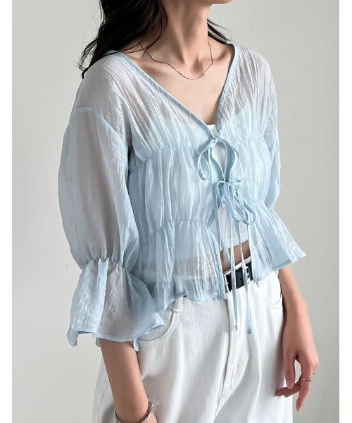 Re:EDIT（リエディ）の「[新色追加]楊柳シアーティアードブラウス（シャツ/ブラウス・レディース・ベージュ/ピンク/ホワイト/ブラック/ブルー・LARGE/MEDIUM）」の4枚目の写真