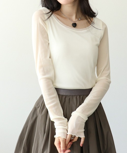 Three Four Time(スリーフォータイム)の「ソフトチュールトップス(Tシャツ/カットソー・レディース・ブラック/オフホワイト/グレー・FREE)」の2枚目の写真