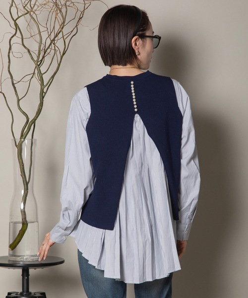 MHBG TOKYO(エムエイチビージートーキョー)の「2WAY ニットベスト×バックプリーツシャツ セット(ニット/セーター・レディース・グレー/ストライプ/ブラック/ブラック系その他/ネイビー系・FREE)」の5枚目の写真