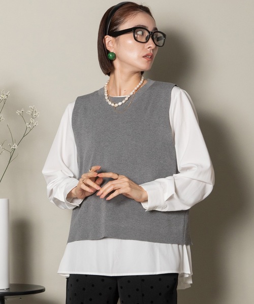 MHBG TOKYO(エムエイチビージートーキョー)の「2WAY ニットベスト×バックプリーツシャツ セット(ニット/セーター・レディース・グレー/ストライプ/ブラック/ブラック系その他/ネイビー系・FREE)」の12枚目の写真