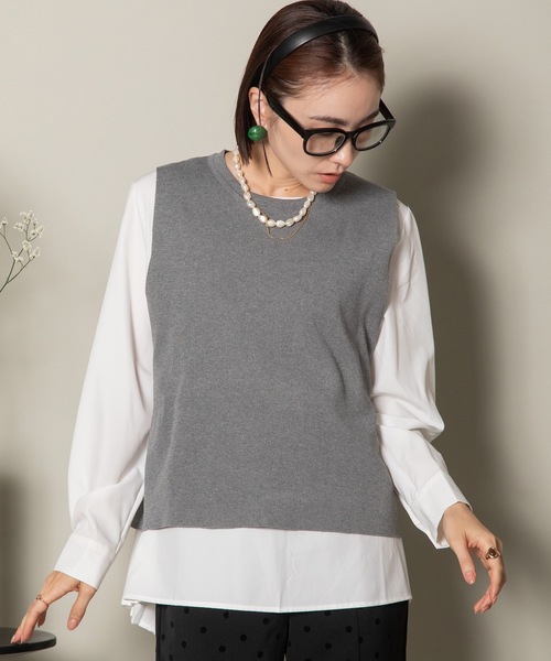 MHBG TOKYO(エムエイチビージートーキョー)の「2WAY ニットベスト×バックプリーツシャツ セット(ニット/セーター・レディース・グレー/ストライプ/ブラック/ブラック系その他/ネイビー系・FREE)」の13枚目の写真