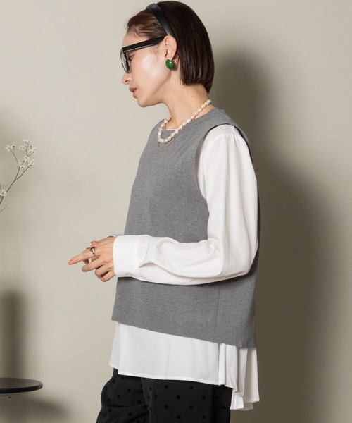 MHBG TOKYO(エムエイチビージートーキョー)の「2WAY ニットベスト×バックプリーツシャツ セット(ニット/セーター・レディース・グレー/ストライプ/ブラック/ブラック系その他/ネイビー系・FREE)」の15枚目の写真