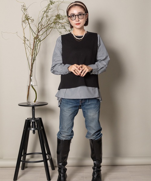 MHBG TOKYO(エムエイチビージートーキョー)の「2WAY ニットベスト×バックプリーツシャツ セット(ニット/セーター・レディース・グレー/ストライプ/ブラック/ブラック系その他/ネイビー系・FREE)」の22枚目の写真