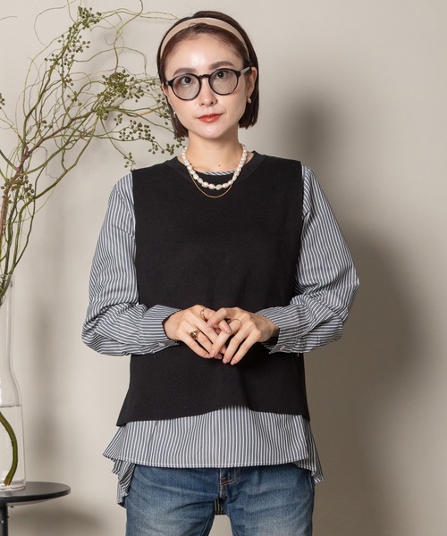 MHBG TOKYO(エムエイチビージートーキョー)の「2WAY ニットベスト×バックプリーツシャツ セット(ニット/セーター・レディース・グレー/ストライプ/ブラック/ブラック系その他/ネイビー系・FREE)」の18枚目の写真