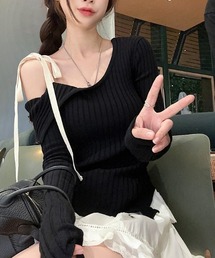 Y2K リボン 肩開き ワンショルダー オフショルダー リブ ニット