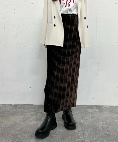 archives（アルシーヴ）の「プリーツベロアタイトスカート（スカート・レディース・ブルー/ブラウン/ベージュ・MEDIUM）」の2枚目の写真