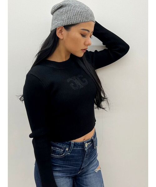 GYDA（ジェイダ）の「SymmetryGYDA embroideryニットトップス（ニット/セーター・レディース・ブラック/オフホワイト・FREE）」の4枚目の写真