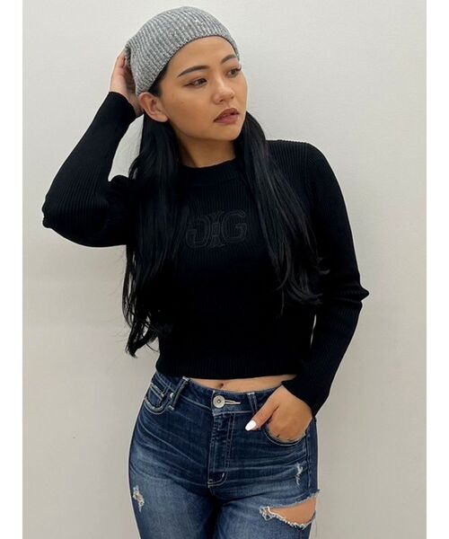 GYDA（ジェイダ）の「SymmetryGYDA embroideryニットトップス（ニット/セーター・レディース・ブラック/オフホワイト・FREE）」の5枚目の写真