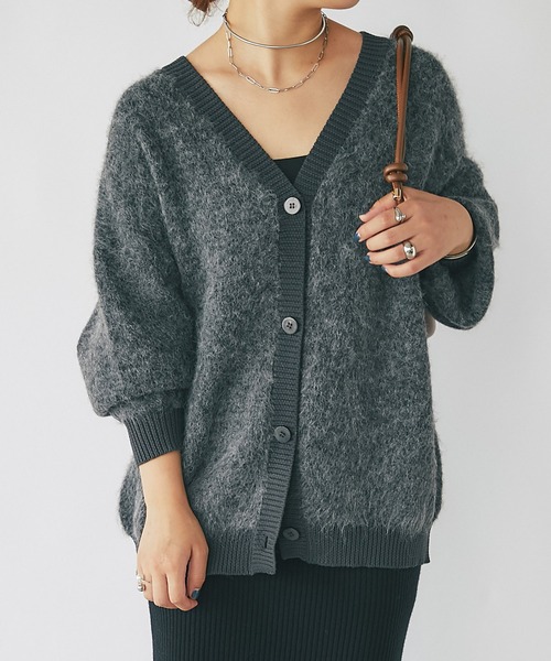 un dix cors（アンディコール）の「リブ異素材Vネックカーディガン（カーディガン/ボレロ・レディース・チャコールグレー/ブラウン・FREE）」の2枚目の写真