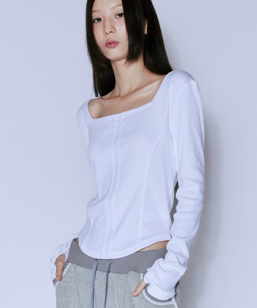 NIIER NOR(ニアノア)の「A'GEM/9 × .kom 『NIIER NOR/ニア ノア』 BINDING SLIM L/S TEE/バインディング スリム長袖カットソー(Tシャツ/カットソー・レディース・グレー/ホワイト・FREE)」の1枚目の写真