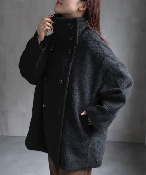 セール】スタンドカラーシャギーミドルコート（ピーコート）｜ap retro