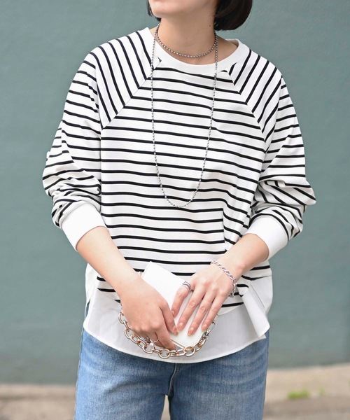 &HALF(アンドハーフ)の「レイヤードボーダー長袖トップス(Tシャツ/カットソー・レディース・オフホワイト/ブルー/ブラック/グリーン・FREE)」の8枚目の写真