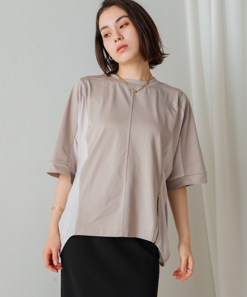 Bou Jeloud(ブージュルード)の「Wシルケットアシンメジッププルオーバー(Tシャツ/カットソー・レディース・ライム/グレー/ブラック・FREE)」の2枚目の写真