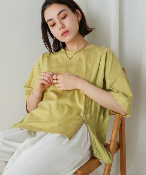 Bou Jeloud(ブージュルード)の「Wシルケットアシンメジッププルオーバー(Tシャツ/カットソー・レディース・ライム/グレー/ブラック・FREE)」の3枚目の写真