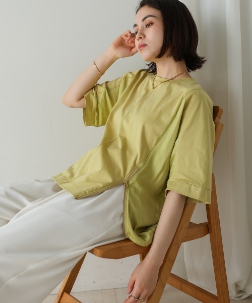Bou Jeloud(ブージュルード)の「Wシルケットアシンメジッププルオーバー(Tシャツ/カットソー・レディース・ライム/グレー/ブラック・FREE)」の4枚目の写真