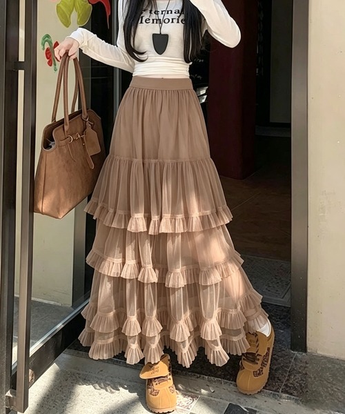 gossip!ロサンゼルス(ゴシップロサンゼルス)の「フリルチュールフェミニン ボリューム ティアード ロングスカート 春/夏 エレガント フレア レディーススカート(スカート・レディース・ブラック/ホワイト/グレー/ブラウン・FREE)」の4枚目の写真