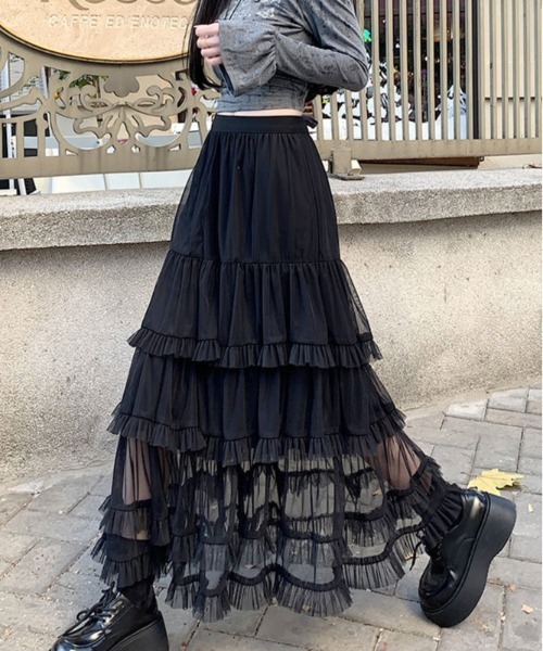 gossip!ロサンゼルス(ゴシップロサンゼルス)の「フリルチュールフェミニン ボリューム ティアード ロングスカート 春/夏 エレガント フレア レディーススカート(スカート・レディース・ブラック/ホワイト/グレー/ブラウン・FREE)」の2枚目の写真