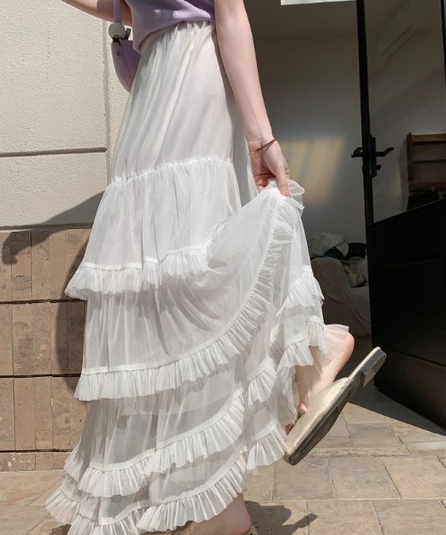 gossip!ロサンゼルス(ゴシップロサンゼルス)の「フリルチュールフェミニン ボリューム ティアード ロングスカート 春/夏 エレガント フレア レディーススカート(スカート・レディース・ブラック/ホワイト/グレー/ブラウン・FREE)」の5枚目の写真