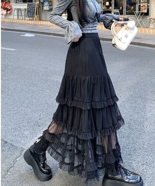 gossip!ロサンゼルス(ゴシップロサンゼルス)の「フリルチュールフェミニン ボリューム ティアード ロングスカート 春/夏 エレガント フレア レディーススカート(スカート・レディース・ブラック/ホワイト/グレー/ブラウン・FREE)」の7枚目の写真