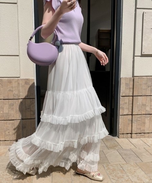gossip!ロサンゼルス(ゴシップロサンゼルス)の「フリルチュールフェミニン ボリューム ティアード ロングスカート 春/夏 エレガント フレア レディーススカート(スカート・レディース・ブラック/ホワイト/グレー/ブラウン・FREE)」の8枚目の写真