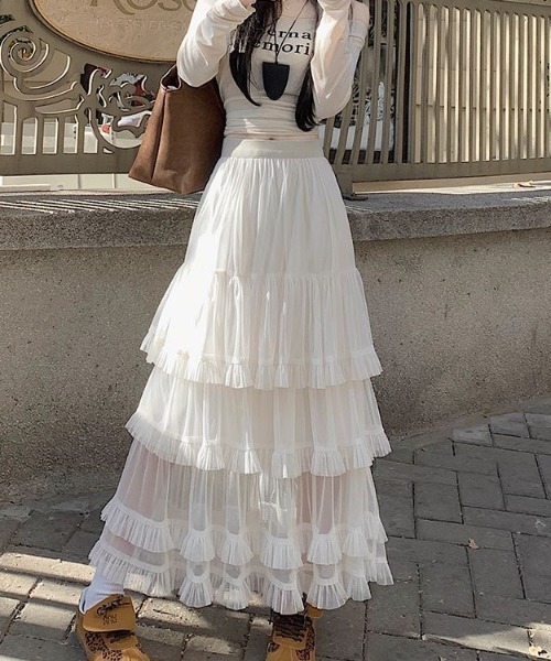 gossip!ロサンゼルス(ゴシップロサンゼルス)の「フリルチュールフェミニン ボリューム ティアード ロングスカート 春/夏 エレガント フレア レディーススカート(スカート・レディース・ブラック/ホワイト/グレー/ブラウン・FREE)」の12枚目の写真