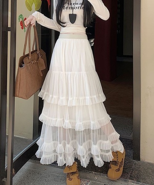 gossip!ロサンゼルス(ゴシップロサンゼルス)の「フリルチュールフェミニン ボリューム ティアード ロングスカート 春/夏 エレガント フレア レディーススカート(スカート・レディース・ブラック/ホワイト/グレー/ブラウン・FREE)」の14枚目の写真