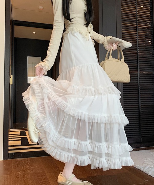 gossip!ロサンゼルス(ゴシップロサンゼルス)の「フリルチュールフェミニン ボリューム ティアード ロングスカート 春/夏 エレガント フレア レディーススカート(スカート・レディース・ブラック/ホワイト/グレー/ブラウン・FREE)」の16枚目の写真