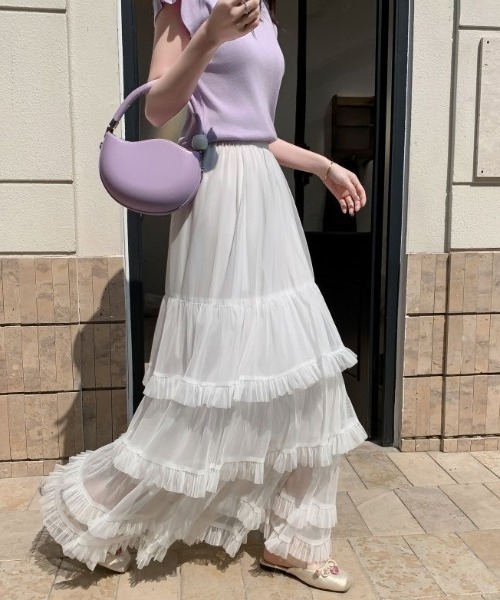 gossip!ロサンゼルス(ゴシップロサンゼルス)の「フリルチュールフェミニン ボリューム ティアード ロングスカート 春/夏 エレガント フレア レディーススカート(スカート・レディース・ブラック/ホワイト/グレー/ブラウン・FREE)」の17枚目の写真