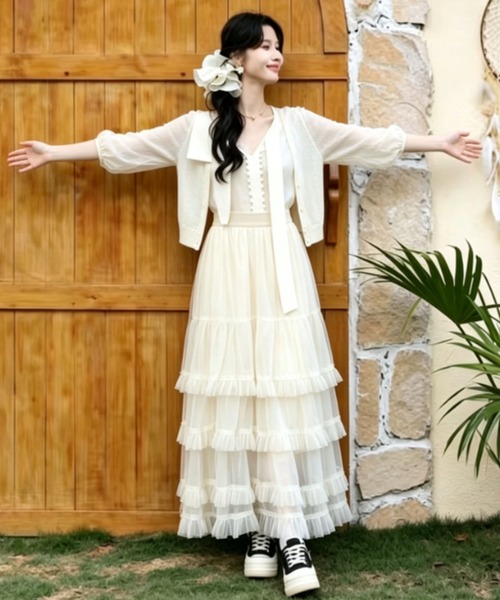 gossip!ロサンゼルス(ゴシップロサンゼルス)の「フリルチュールフェミニン ボリューム ティアード ロングスカート 春/夏 エレガント フレア レディーススカート(スカート・レディース・ブラック/ホワイト/グレー/ブラウン・FREE)」の20枚目の写真