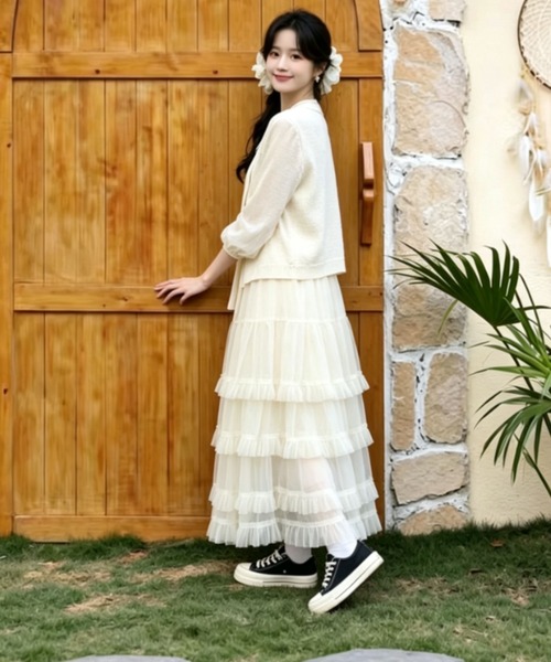 gossip!ロサンゼルス(ゴシップロサンゼルス)の「フリルチュールフェミニン ボリューム ティアード ロングスカート 春/夏 エレガント フレア レディーススカート(スカート・レディース・ブラック/ホワイト/グレー/ブラウン・FREE)」の22枚目の写真