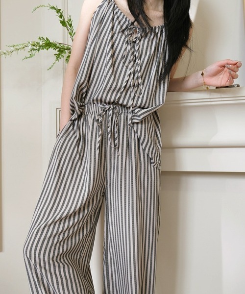 gossip！ロサンゼルス（ゴシップロサンゼルス）の「【ルームウェア2点セット】レトロガーリーキャミソール＋ロングパンツ（セットアップ・レディース・アイボリー/モカ・FREE）」の2枚目の写真