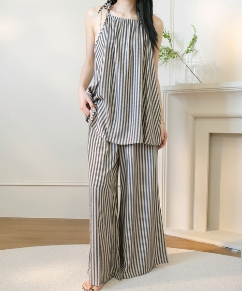 gossip！ロサンゼルス（ゴシップロサンゼルス）の「【ルームウェア2点セット】レトロガーリーキャミソール＋ロングパンツ（セットアップ・レディース・アイボリー/モカ・FREE）」の6枚目の写真