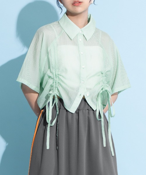 ブラウス シャツ クロップド丈ドロストストライプシャツ レディース クロップド丈ドロストストライプシャツ（シャツ/ブラウス
