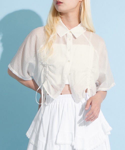 PUNYUS(プニュズ)の「クロップド丈ドロストストライプシャツ(シャツ/ブラウス・レディース・ネイビー/アイボリー/グリーン・3/2/1/4)」の2枚目の写真