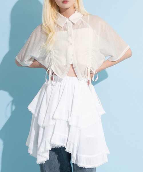 PUNYUS(プニュズ)の「クロップド丈ドロストストライプシャツ(シャツ/ブラウス・レディース・ネイビー/アイボリー/グリーン・3/2/1/4)」の12枚目の写真