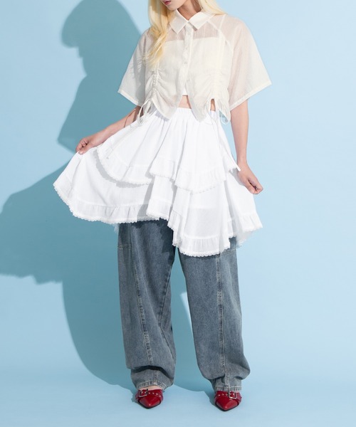 PUNYUS(プニュズ)の「クロップド丈ドロストストライプシャツ(シャツ/ブラウス・レディース・ネイビー/アイボリー/グリーン・3/2/1/4)」の13枚目の写真