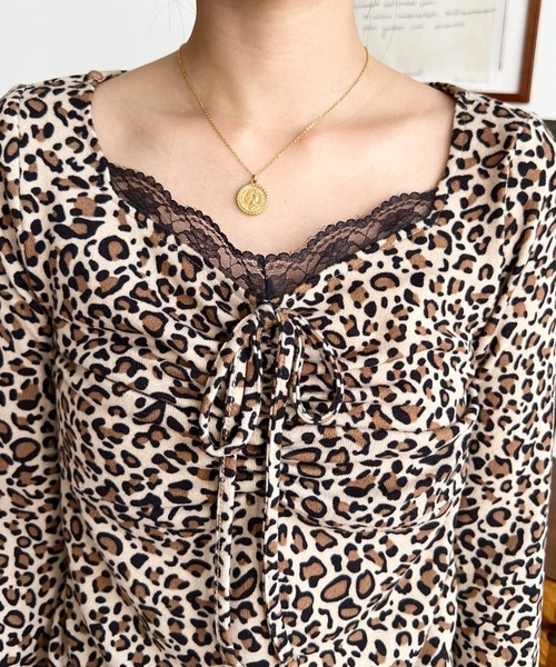 moment+(モーメントプラス)の「レオパードプリントフロントレースギャザーリボン長袖トップス(Tシャツ/カットソー・レディース・グレー/ベージュ/ブラウン・M/L)」の13枚目の写真
