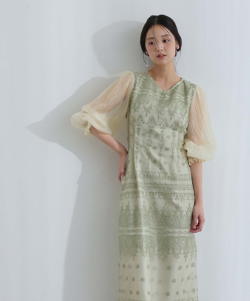 PourVous(プールヴー)の「ロング&袖あり フォーマル Vネック タイト レース アップリボン シアースリーブセレモニー 結婚式 二次会 パーティー ドレス オケージョンドレス 同窓会 成人式 お呼ばれ 謝恩会 20代 30代(ドレス・レディース・ベージュ/ブラック/カーキ/シルバー・S/M/L)」の3枚目の写真