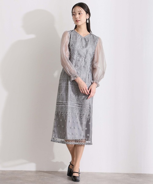 PourVous(プールヴー)の「ロング&袖あり フォーマル Vネック タイト レース アップリボン シアースリーブセレモニー 結婚式 二次会 パーティー ドレス オケージョンドレス 同窓会 成人式 お呼ばれ 謝恩会 20代 30代(ドレス・レディース・ベージュ/ブラック/カーキ/シルバー・S/M/L)」の4枚目の写真