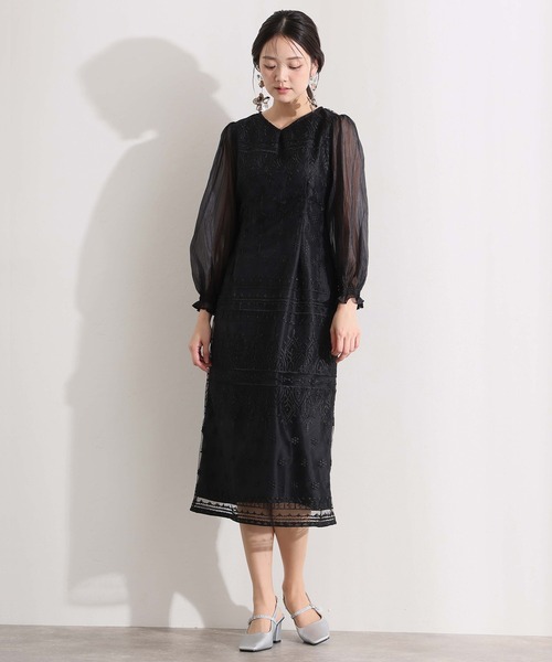 PourVous(プールヴー)の「ロング&袖あり フォーマル Vネック タイト レース アップリボン シアースリーブセレモニー 結婚式 二次会 パーティー ドレス オケージョンドレス 同窓会 成人式 お呼ばれ 謝恩会 20代 30代(ドレス・レディース・ベージュ/ブラック/カーキ/シルバー・S/M/L)」の5枚目の写真