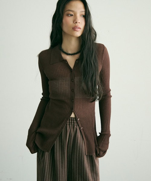 セール】ポロ衿シアーロングスリーブニット（ニット/セーター）｜Trish