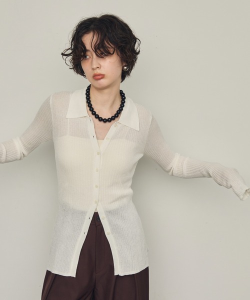 Trish（トリッシュ）の「ポロ衿シアーロングスリーブニット（ニット/セーター・レディース・ダークブラウン/ブラック/ホワイト/アイボリー・MEDIUM）」の2枚目の写真