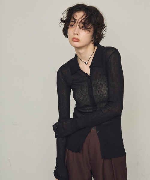 Trish（トリッシュ）の「ポロ衿シアーロングスリーブニット（ニット/セーター・レディース・ダークブラウン/ブラック/ホワイト/アイボリー・MEDIUM）」の3枚目の写真