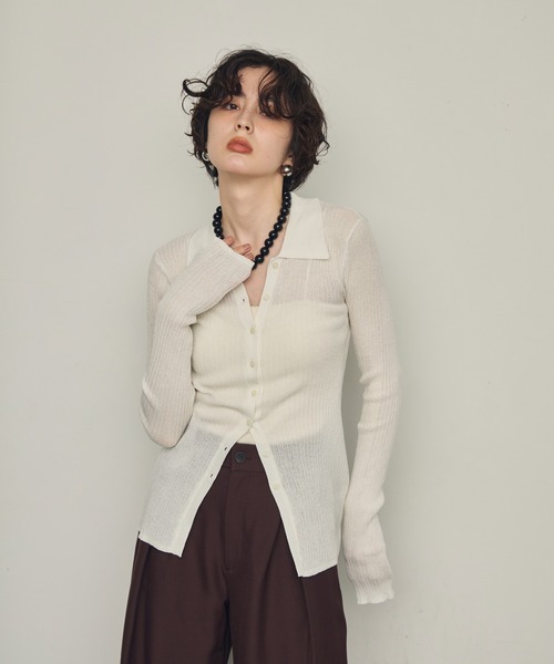 Trish（トリッシュ）の「ポロ衿シアーロングスリーブニット（ニット/セーター・レディース・ダークブラウン/ブラック/ホワイト/アイボリー・MEDIUM）」の7枚目の写真