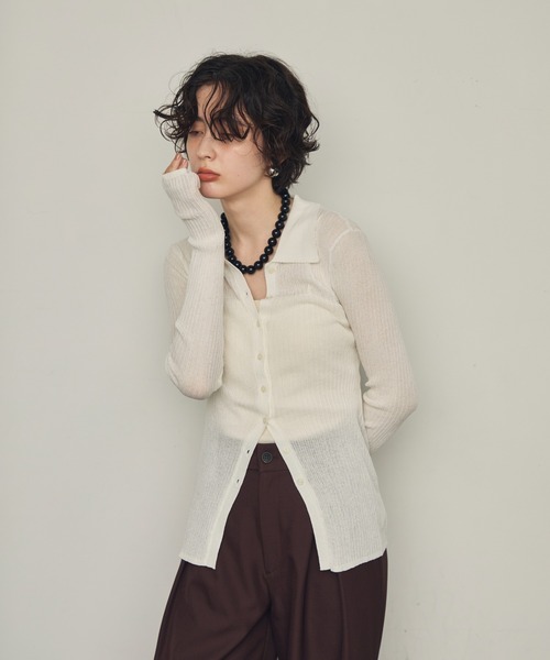 Trish（トリッシュ）の「ポロ衿シアーロングスリーブニット（ニット/セーター・レディース・ダークブラウン/ブラック/ホワイト/アイボリー・MEDIUM）」の8枚目の写真